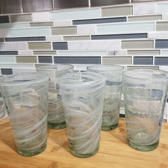 Hand Blown Art Glass White Swirl Tea Water Tumbler 16oz Set of 5 - Picture 9 of 9